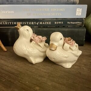 Vintage Artmark Jade Porcelain Salt & Pepper Set Ducks Goose Roses 1998